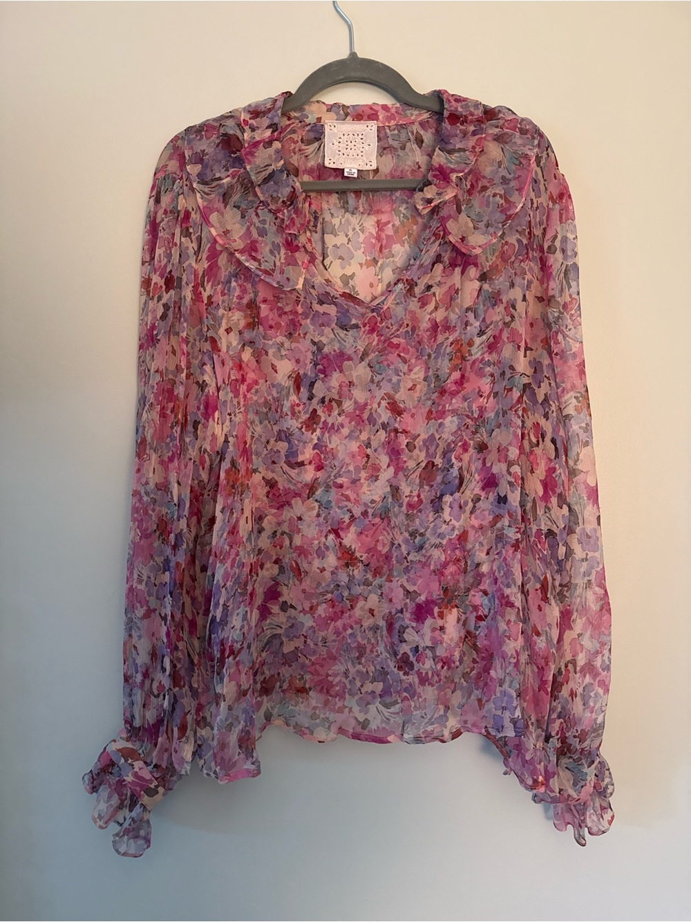 Johnny Was Jade Floral Ruffle Collar Sheer Blouse - Pink, Purple & Cream